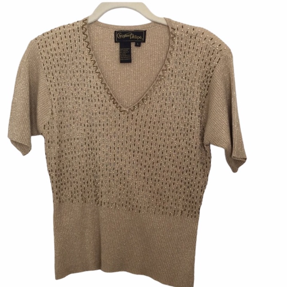 Vintage Christine Phillipe White Pearl Beaded Gold Sweater Size L